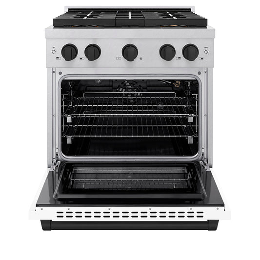 ZLINE 30 in. Gas Range 4.2 cu. ft. 4 Burner DuoPro™ Cooktop Convection Oven Satin Stainless Steel White Matte Door Matte Black Accents (PSGRSZ-WM-30-MB)