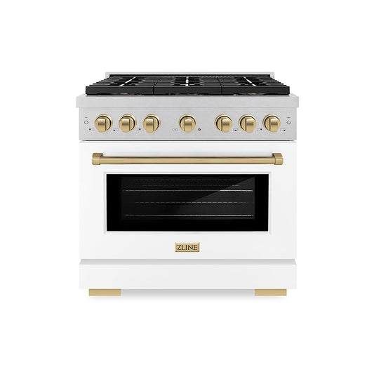 ZLINE 36 in. Gas Range 5.2 cu. ft. 6 Burner DuoPro™ Cooktop Convection Gas Oven Satin Stainless Steel White Matte Door Champagne Bronze Accents (PSGRSZ-WM-36-CB)