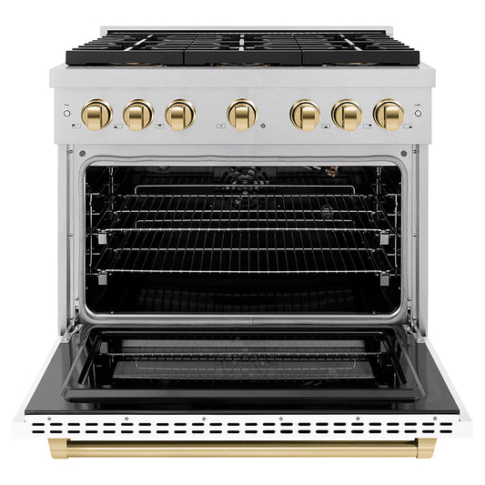 ZLINE 36 in. Gas Range 5.2 cu. ft. 6 Burner DuoPro™ Cooktop Convection Oven Satin Stainless Steel White Matte Door Polished Gold Accents (PSGRSZ-WM-36-G)
