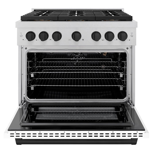 ZLINE 36 in. Gas Range 5.2 cu. ft. 6 Burner DuoPro™ Cooktop Convection Gas Oven Satin Stainless Steel White Matte Door Matte Black Accents (PSGRSZ-WM-36-MB)