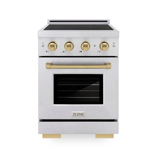 ZLINE 24 in. Induction Range 3.2 cu. ft. Paramount Series 3 Element Cooktop Electric Convection Oven Satin Stainless Steel Champagne Bronze Accents (SINRSZ-24-CB)