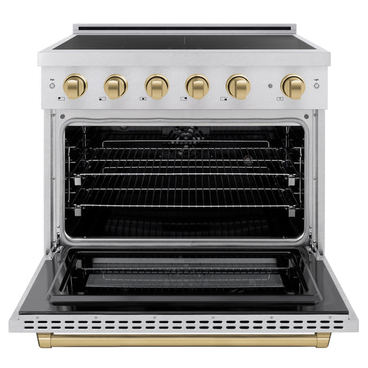 ZLINE 36 in. Induction Range 5.2 cu. ft. 5 Element Cooktop Electric Oven Satin Stainless Steel Champagne Bronze Accents (SINRSZ-36-CB)