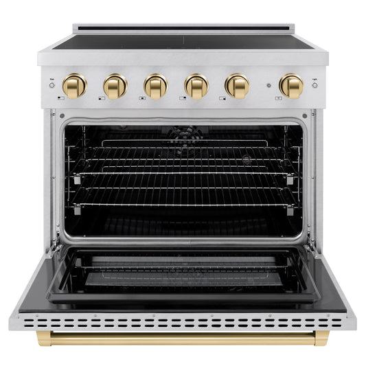 ZLINE 36 in. Induction Range 5.2 cu. ft. Electric Oven 5 Element Cooktop Satin Stainless Steel Polished Gold Accents (SINRSZ-36-G)