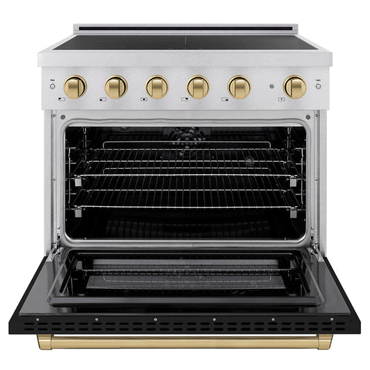 ZLINE 36 in. Induction Range 5.2 cu. ft. 5 Element Cooktop Electric Convection Oven Satin Stainless Steel Black Matte Door Champagne Bronze Accents (SINRSZ-BLM36-CB)