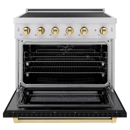 ZLINE 36 in. Induction Range 5.2 cu. ft. 5 Element Cooktop Electric Convection Oven Satin Stainless Steel Black Matte Door Polished Gold Accents (SINRSZ-BLM36-G)