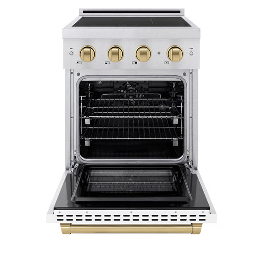 ZLINE 24 in Induction Range 3.2 cu. ft. Electric Convection Oven 3 Element Cooktop Satin Stainless Steel White Matte Door Champagne Bronze Accents (SINRSZ-WM-24-CB)