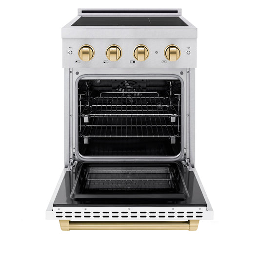 ZLINE 24 in Induction Range 3.2 cu. ft. Electric Convection Oven Satin Stainless Steel White Matte Door Polished Gold Accents (SINRSZ-WM-24-G)