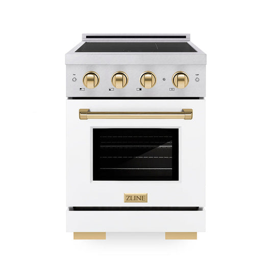 ZLINE 24 in Induction Range 3.2 cu. ft. Electric Convection Oven Satin Stainless Steel White Matte Door Polished Gold Accents (SINRSZ-WM-24-G)