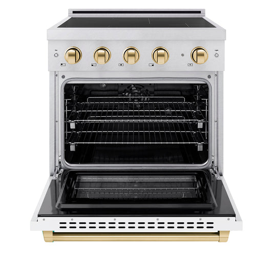 ZLINE 30 in. Induction Range 4.2 cu. ft. Electric Convection Oven 4 Element Cooktop Satin Stainless Steel White Matte Door Polished Gold Accents (SINRSZ-WM-30-G)