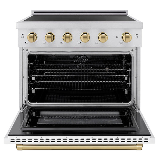 ZLINE 36 in. Induction Range 5.2 cu. ft. 5 Element Cooktop Electric Convection Oven Satin Stainless Steel White Matte Door Champagne Bronze Accents (SINRSZ-WM-36-CB)