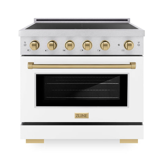 ZLINE 36 in. Induction Range 5.2 cu. ft. 5 Element Cooktop Electric Convection Oven Satin Stainless Steel White Matte Door Champagne Bronze Accents (SINRSZ-WM-36-CB)