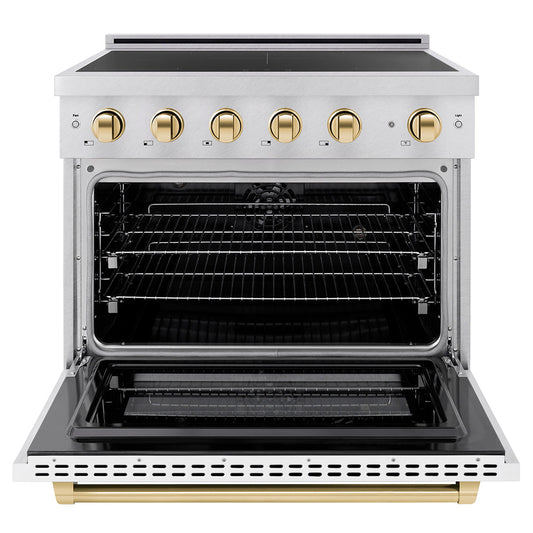 ZLINE 36 in. Induction Range 5.2 cu. ft. 5 Elements Electric Convection Oven Satin Stainless Steel White Matte Door Polished Gold Accents (SINRSZ-WM-36-G)