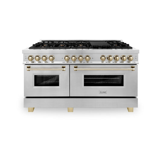 ZLINE Autograph Edition 60 in. 7.4 cu. ft. Dual Fuel Range with Gas Cooktop and Electric Convection Oven in Stainless Steel with Gold Accents (RAZ-60-G)
