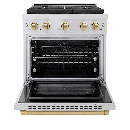 ZLINE 30 in. Dual Fuel Range 4.2 cu. ft. 4 Burner DuoPro™ Cooktop Electric Convection Oven Stainless Steel Champagne Bronze Accents (PSDRZ-30-CB)