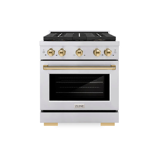 ZLINE 30 in. Dual Fuel Range 4.2 cu. ft. Paramount Series with 4 Burner DuoPro™ Cooktop, Electric Convection Oven, Stainless Steel with Polished Gold Accents (PSDRZ-30-G)