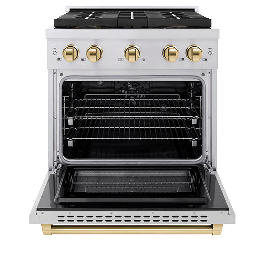 ZLINE 30 in. Dual Fuel Range 4.2 cu. ft. Paramount Series with 4 Burner DuoPro™ Cooktop, Electric Convection Oven, Stainless Steel with Polished Gold Accents (PSDRZ-30-G)
