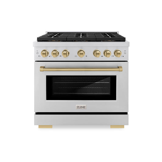 ZLINE 36 in. Dual Fuel Range 5.2 cu. ft. 6 Burner DuoPro™ Cooktop Electric Convection Oven Stainless Steel Champagne Bronze Accents (PSDRZ-36-CB)