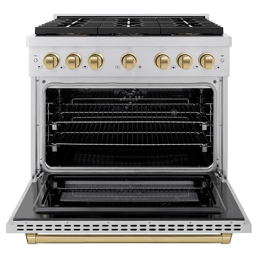 ZLINE 36 in. Dual Fuel Range 5.2 cu. ft. 6 Burner DuoPro™ Cooktop Electric Convection Oven Stainless Steel Champagne Bronze Accents (PSDRZ-36-CB)