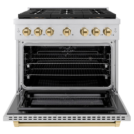 ZLINE 36 in. Dual Fuel Range 5.2 cu. ft. with 6 Burner DuoPro™ Cooktop, Electric Convection Oven, Stainless Steel with Polished Gold Accents (PSDRZ-36-G)