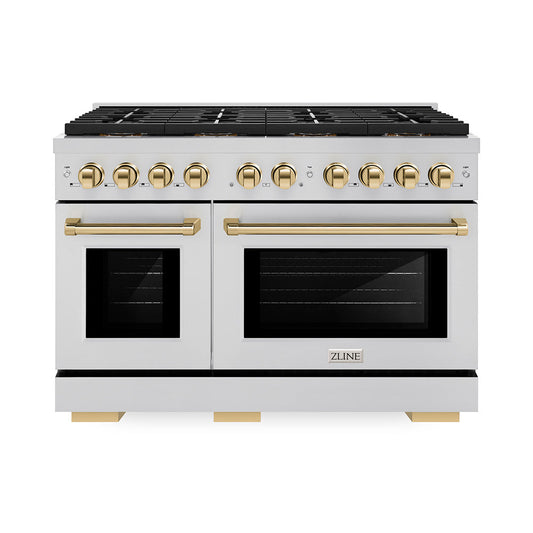 ZLINE 48 in. Paramount Dual Fuel Range 6.7 cu. ft. with 8 Burner DuoPro™ Cooktop, Dual Ovens, Stainless Steel with Polished Gold Accents (PSDRZ-48-G)