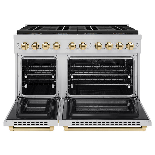 ZLINE 48 in. Paramount Dual Fuel Range 6.7 cu. ft. with 8 Burner DuoPro™ Cooktop, Dual Ovens, Stainless Steel with Polished Gold Accents (PSDRZ-48-G)