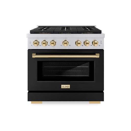 ZLINE 36 in. Dual Fuel Range 5.2 cu. ft. Paramount Series with 6 Burner DuoPro™ Gas Cooktop, Electric Convection Oven, Black Matte Door & Polished Gold Accents (PSDRZ-BLM-36-G)