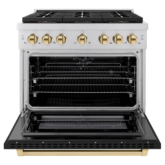 ZLINE 36 in. Dual Fuel Range 5.2 cu. ft. Paramount Series with 6 Burner DuoPro™ Gas Cooktop, Electric Convection Oven, Black Matte Door & Polished Gold Accents (PSDRZ-BLM-36-G)