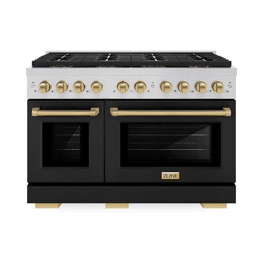ZLINE 48 in. Paramount Autograph Dual Fuel Range 6.7 cu. ft. 8 Burner DuoPro™ Cooktop Dual Ovens Black Matte Doors Champagne Bronze Accents (PSDRZ-BLM-48-CB)