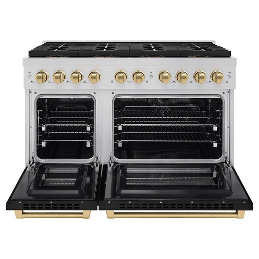 ZLINE 48 in. Paramount Autograph Dual Fuel Range 6.7 cu. ft. 8 Burner DuoPro™ Cooktop Dual Ovens Black Matte Doors Champagne Bronze Accents (PSDRZ-BLM-48-CB)