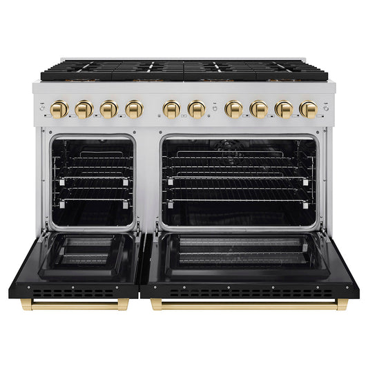 ZLINE 48 in. Dual Fuel Range 6.7 cu. ft. with 8 Burner DuoPro™ Cooktop, Dual Ovens, Black Matte Doors, Polished Gold Accents (PSDRZ-BLM-48-G)