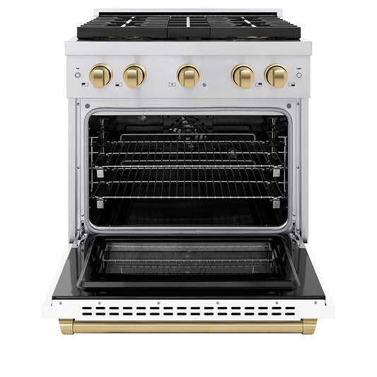 ZLINE 30 in. Paramount Dual Fuel Range 4.2 cu. ft. – 4 Burner DuoPro™ Cooktop, Electric Convection Oven, Stainless Steel, White Matte Door, Champagne Bronze Accents (PSDRZ-WM-30-CB)