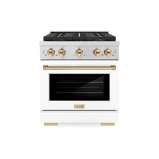 ZLINE 30 in. Dual Fuel Range 4.2 cu. ft. 4 Burner DuoPro™ Cooktop Electric Convection Oven White Matte Door Polished Gold Accents (PSDRZ-WM-30-G)
