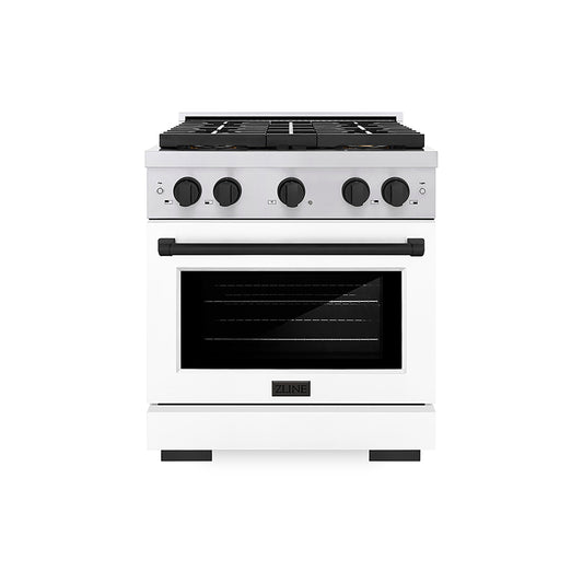 ZLINE 30 in. Dual Fuel Range 4.2 cu. ft. 4 Burner DuoPro™ Cooktop Electric Convection Oven Stainless Steel White Matte Door Matte Black Accents (PSDRZ-WM-30-MB)