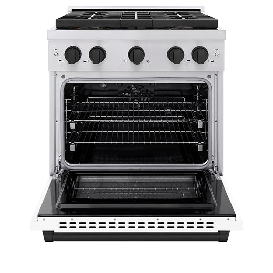 ZLINE 30 in. Dual Fuel Range 4.2 cu. ft. 4 Burner DuoPro™ Cooktop Electric Convection Oven Stainless Steel White Matte Door Matte Black Accents (PSDRZ-WM-30-MB)