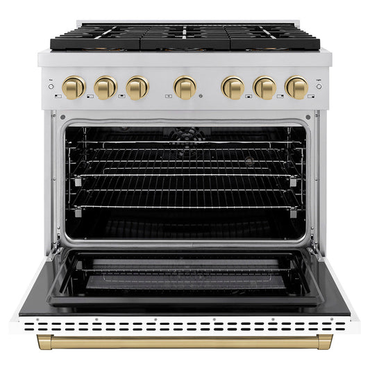 ZLINE 36 in. Dual Fuel Range 5.2 cu. ft. with 6 Burner DuoPro™ Cooktop, Electric Convection Oven, White Matte Door & Champagne Bronze Accents (PSDRZ-WM-36-CB)