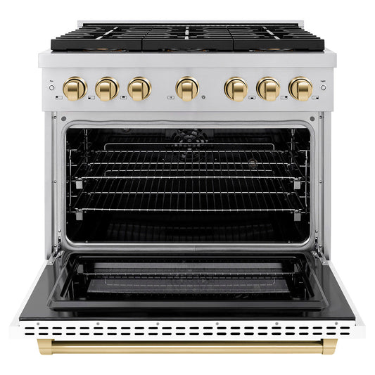ZLINE 36 in. Paramount Dual Fuel Range 5.2 cu. ft. 6 Burner DuoPro™ Cooktop Electric Convection Oven White Matte Door Polished Gold Accents (PSDRZ-WM-36-G)