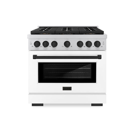ZLINE 36 in. Paramount Dual Fuel Range 5.2 cu. ft. – 6 Burner DuoPro™ Cooktop, Electric Convection Oven, White Matte Door, Matte Black Accents (PSDRZ-WM-36-MB)