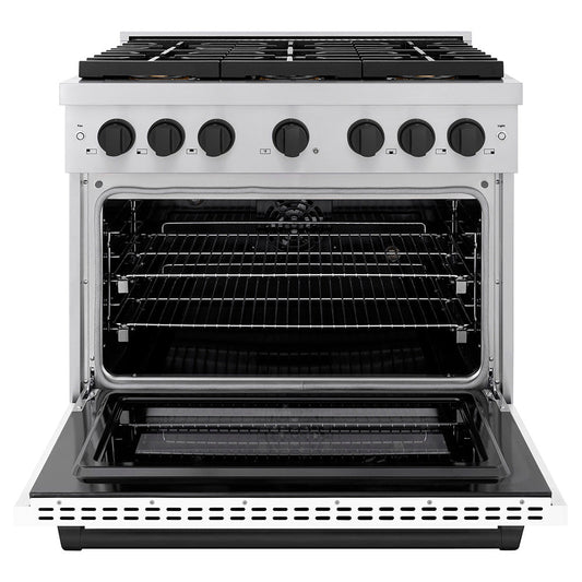 ZLINE 36 in. Paramount Dual Fuel Range 5.2 cu. ft. – 6 Burner DuoPro™ Cooktop, Electric Convection Oven, White Matte Door, Matte Black Accents (PSDRZ-WM-36-MB)