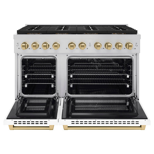 ZLINE 48 in. Dual Fuel Range 6.7 cu. ft. 8 Burner DuoPro™ Cooktop Dual Ovens White Matte Doors Champagne Bronze Accents (PSDRZ-WM-48-CB)