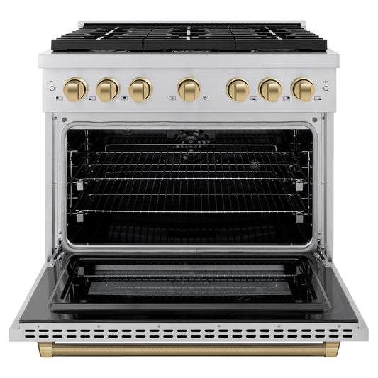 ZLINE 36 in. Dual Fuel Range 5.2 cu. ft. 6 Burner Gas Cooktop Electric Convection Oven Stainless Steel Champagne Bronze Helix Handle & Knob Accents (SDRZ-36-KCB)