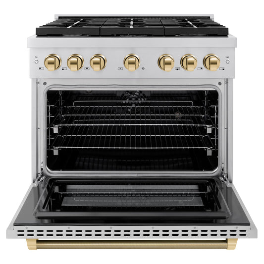 ZLINE 36 in. Dual Fuel Range 5.2 cu. ft. 6 Burner Gas Cooktop Electric Convection Oven Stainless Steel Polished Gold Helix Handle & Knobs (SDRZ-36-KG)