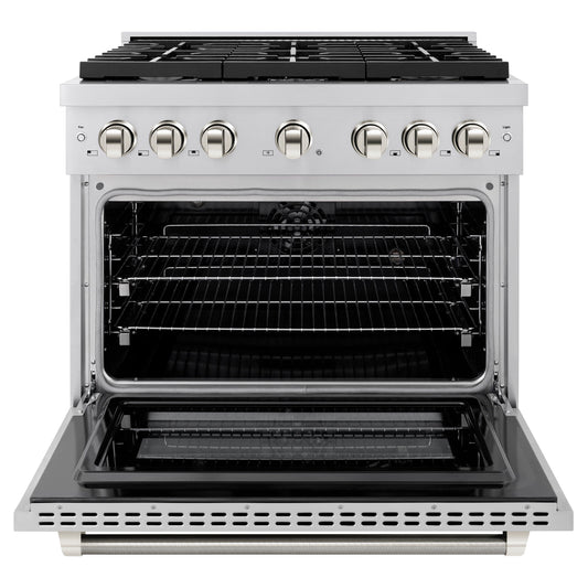 ZLINE 36 in. Dual Fuel Range 5.2 cu. ft. 6 Burner Gas Cooktop Electric Convection Oven Stainless Steel Polished Nickel Helix Handle & Knobs (SDRZ-36-KPN)