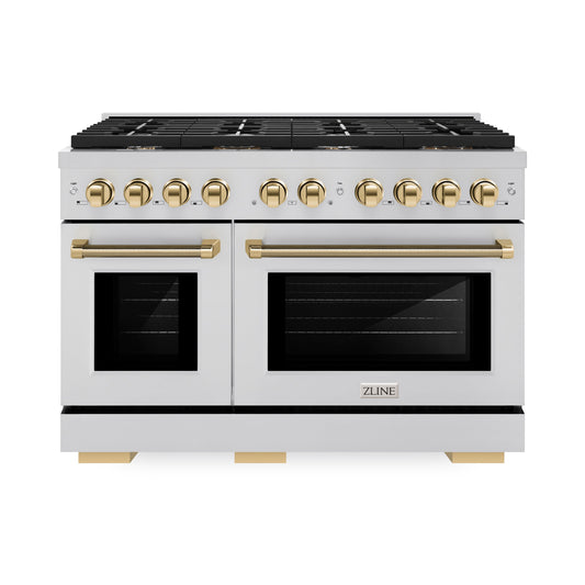 ZLINE 48 in. Dual Fuel Range – 6.7 cu. ft. Double Oven, 8 Burner Gas Cooktop, Stainless Steel with Polished Gold Helix Handles (SDRZ-48-KG)