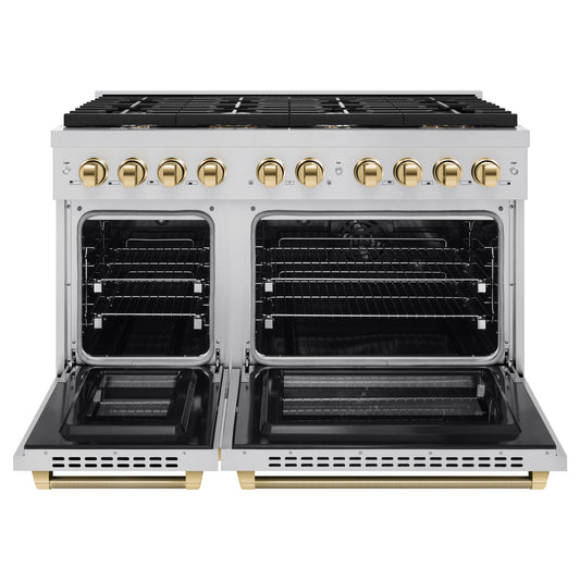 ZLINE 48 in. Dual Fuel Range – 6.7 cu. ft. Double Oven, 8 Burner Gas Cooktop, Stainless Steel with Polished Gold Helix Handles (SDRZ-48-KG)