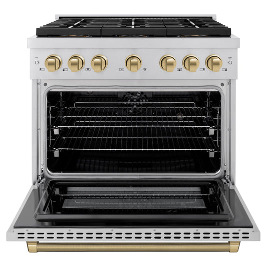 ZLINE 36 in. Dual Fuel Range 5.2 cu. ft. 6 Burner DuoPro™ Cooktop Electric Convection Oven Stainless Steel Champagne Bronze Handles (PSDRZ-36-KCB)