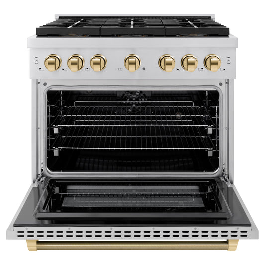 ZLINE 36 in. Dual Fuel Range 5.2 cu. ft. 6 Burner DuoPro™ Cooktop Electric Convection Oven Stainless Steel Polished Gold Accents (PSDRZ-36-KG)