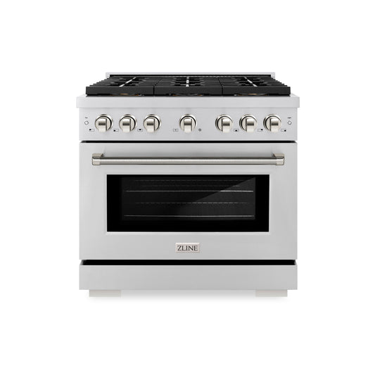 ZLINE 36 in. Dual Fuel Range 5.2 cu. ft. 6 Burner DuoPro™ Cooktop Electric Convection Oven Stainless Steel Polished Nickel Helix Handles (PSDRZ-36-KPN)
