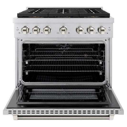 ZLINE 36 in. Dual Fuel Range 5.2 cu. ft. 6 Burner DuoPro™ Cooktop Electric Convection Oven Stainless Steel Polished Nickel Helix Handles (PSDRZ-36-KPN)