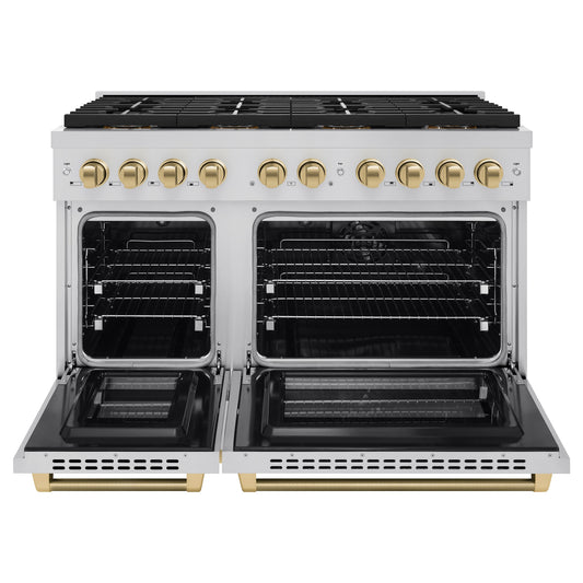 ZLINE 48 in. Dual Fuel Range – 6.7 cu. ft. Paramount Double Oven Range with 8 Burner Gas Cooktop, Stainless Steel, Champagne Bronze Helix Handles & Knob Accents (SDRZ-48-KCB)