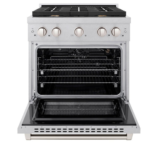 ZLINE Paramount 30 in. Dual Fuel Range, 4.2 cu. ft. Electric Convection Oven, Gas Cooktop with 4 Brass Burners, Satin Stainless Steel (SDRS-BR-30)